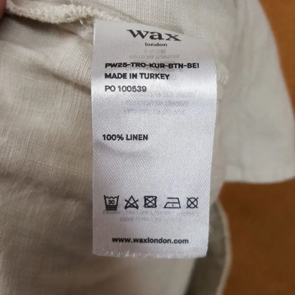 WAX LONDON Pants Mens Size 36 Tan Straight Leg 100% Linen KURT Trouser $175